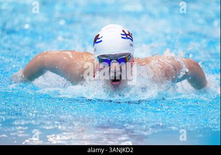 Heart of Mid's Orla MacInnes tritt an den 200 m langen Butterfly Heats der Damen an Tag eins der Aquatics GB Schwimmen Meisterschaften im London Aquatics Centre an. Bilddatum: Dienstag, 15. April 2025. Stockfoto