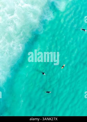 Surfer aus der Vogelperspektive im klaren Atlantik am Strand von Llandudno in Kapstadt, Südafrika. Stockfoto