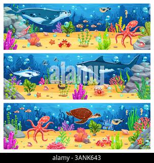 Zeichentrick-Unterwasserlandschaft im Ozean, Spielkartenhintergrund mit Meerestieren und Fischfiguren. Vektorhai, Kraken, Tintenfische und Schildkröten, Robben, Krabben, Makrelen-, Seepferdchen- und Seesterne-Unterwasserlandschaft Stock Vektor