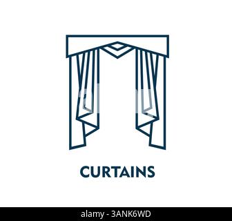 Theatervorhang-Symbol in dünner Linie für Oper oder Konzertsaal, Vektor-Emblem. Vorhänge umranden das Symbol für musikalische Auftritte oder Theatervorführungen, Opernbühnen oder Kinovorführungen Stock Vektor