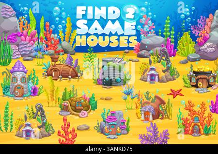 Kinder-Spieltabelle, finde zwei Unterwasserhäuser. Vektor-Matching Puzzle Quiz von Comic Märchen Stadt Gebäude auf Meeresboden. Korallen-, Boot-, Schildkrötenschale, Blechdose und Ankerhäuser Spiel Stock Vektor