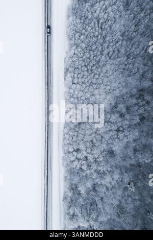 Auto fährt auf einer vereisten Straße neben dem Wald im verschneiten Estland. Stockfoto