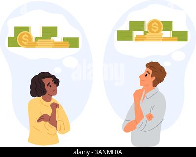 Mann und Frau sitzen nachdenklich und denken über Geld nach. Finanzieller Erfolg. Dollarscheine und Goldmünzen häufen sich. Menschen, die tagträumen. Einsparungen bei der Finanzierung. Stock Vektor