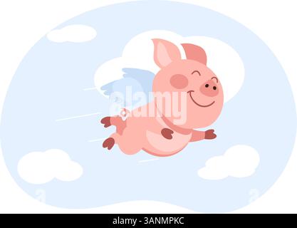 Lustiges rosafarbenes Ferkel mit Flügeln, die zwischen Wolken fliegen. Glücklicher Säugetierflug. Glücksschwein. Schwebendes Hausschwein. Zeichentrickfilm-Tierfantasie. Engel Piggy Stock Vektor