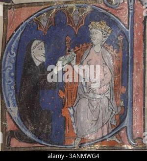 Eine Miniatur aus Paris, Bibliothèque Sainte-Geneviève, MS 782, Folio 1r, die Primat von Saint-Denis darstellt, die die erste Kopie der Grandes Chroniques de France an König Philipp III. Präsentiert. Die Miniatur stammt aus der Zeit um 1275–1280. Stockfoto