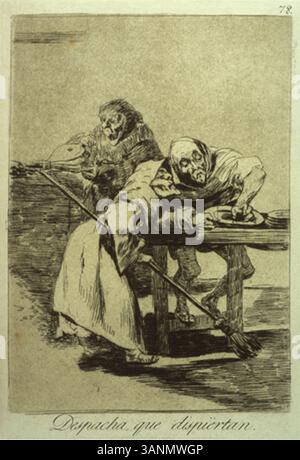 Francisco de Goyas 1799 erschienener Druck „Despacha Que Dispiertan“ (sei schnell, sie wachen auf) aus seiner Serie „Los Caprichos“ spiegelt Goyas satirische Gesellschaftskritik wider. Der Druck hebt die Irrationalität menschlichen Verhaltens durch symbolische Bilder und starke Kontraste hervor. Stockfoto