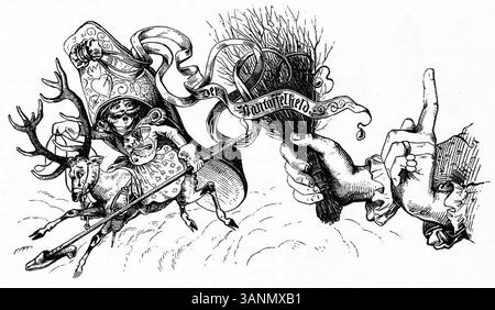 Eine Illustration aus Fliegende Blätter, Band 2, Ausgabe 47, Seite 183, erstellt 1846, die den satirischen Ton der deutschen Zeitschrift widerspiegelt. Stockfoto