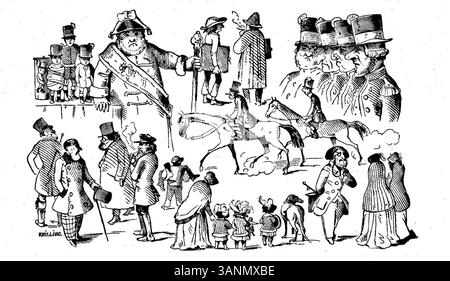 Diese Illustration aus der 1846 von Nikolaus Knilling geschaffenen Ausgabe der Fliegenden Blätter zeigt eine Szene oder Figur aus der deutschen Kultur des 19. Jahrhunderts und zeigt den künstlerischen Stil der Zeit. Stockfoto