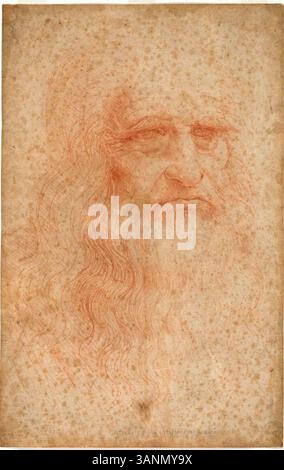 Leonardo da Vincis Selbstporträt aus der Zeit um 1517 bietet einen Einblick in die komplexe Persönlichkeit des Künstlers. Die berühmte Zeichnung spiegelt die tiefe Introspektion und den Alterungsprozess des Meisters wider und zeigt ihn mit einem nachdenklichen Ausdruck. Stockfoto