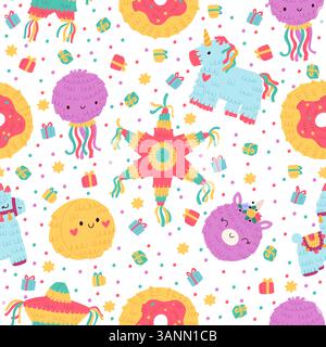 Farbenfrohe Pinatas mit Süßigkeiten und Süßigkeiten für Kinder Party. Nahtloses Muster für mexikanische Feiertage Papierbehälter für Konfetti und Geschenkboxen. Karneval t Stock Vektor