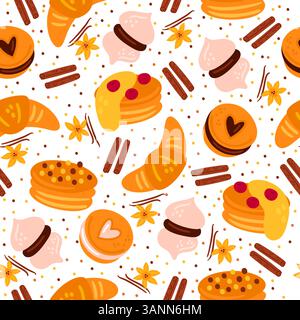 Gebackenes Gebäck. Nahtloses Muster für süße Kuchen. Dessertbäckerei. Pfannkuchen-Topping. Vanille oder Zimt. Plätzchen mit Fruchtfüllung. Wiederholter Druck. Crois Stock Vektor