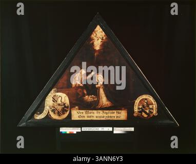 Dieses Gemälde stellt die Geburt Jesu Christi, der Geburt, in Bethlehem dar. Er hebt die bescheidenen Umstände seiner Geburt hervor und unterstreicht die Bedeutung der Ankunft Christi als Erlöser der Menschheit. Stockfoto