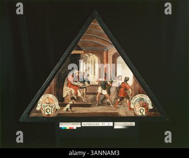 Die Handwaschung des Pilatus zeigt, wie Pontius Pilatus seine Hände in einem Akt symbolischer Absolution wäscht, bevor er Jesus zur Kreuzigung verurteilt. Die Szene repräsentiert den moralischen Konflikt und seinen Versuch, sich von der Entscheidung zu distanzieren. Stockfoto