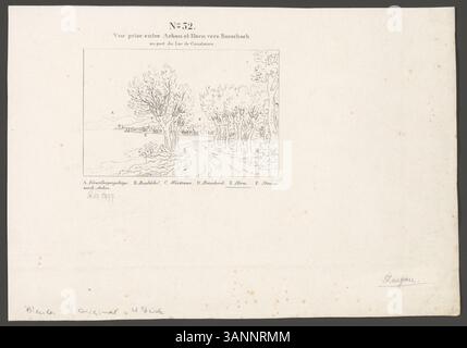 Eine Radierung von Johann Jakob Schmid, die einen Blick zwischen Arbon und Horn in Richtung Rorschach, entlang des Bodensees, zeigt die umliegenden Berge und Wahrzeichen. Stockfoto