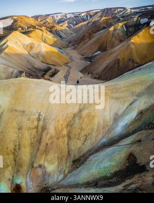 Aus der Vogelperspektive einer Person, die über das Landmannalaugar-Tal in Island blickt. Stockfoto