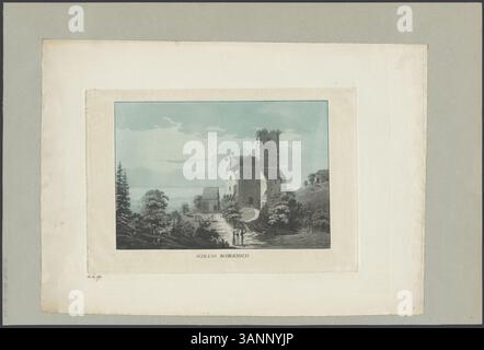 Dieser Aquatindruck aus dem 19. Jahrhundert zeigt das Schloss Rohrschach und zeigt das architektonische Design des Schlosses und die umliegende Landschaft. Eine detaillierte Darstellung der Struktur ist zu sehen, die ihre Prominenz in der Schweiz unterstreicht. Stockfoto
