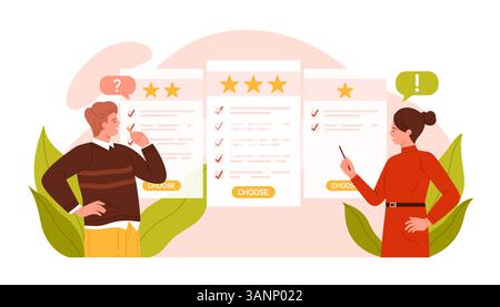 Wählen Sie den Abonnementplan, vergleichen Sie Optionen und Nutzungsbedingungen. Nachdenklicher Mann und Frau denken über Preisauswahl, vergleichen Sie kommerzielle Angebote, um zu klicken Schaltfläche wählen Cartoon Vektor Illustration Stock Vektor