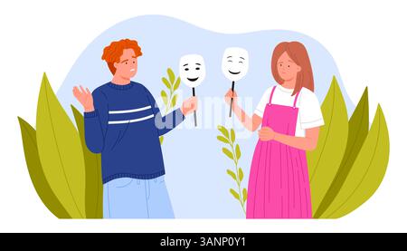 Ein Mann und eine Frau halten Masken, die die gegensätzlichen Gefühle von Komödie und Tragödie darstellen und die komplexe und duale Natur menschlicher Emotionen anschaulich veranschaulichen. Dieses Bildmaterial ist eine Vektorillustration Stock Vektor