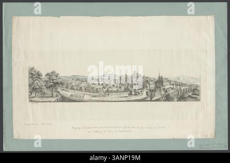 Der zwischen 1804 und 1823 entstandene Radierdruck von Georg Adam zeigt eine Landschaft von Lausanne und Umgebung, einschließlich des Genfer Sees. Die Zeichnung, die von der Natur ausgeführt wurde, zeigt einen Blick vom Dach der Abtei des Arc in Montbenon. Es zeigt die komplizierten Details, die typisch für diese Zeit sind. Stockfoto