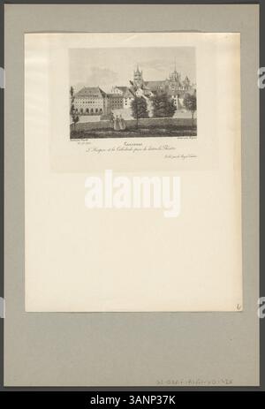 Dieser Aquatindruck von Daniel Wegelin, ein Kupferstich von Jean Bryner, zeigt das Hospiz und die Kathedrale von Lausanne. Es wurde um 1850 geschaffen und veranschaulicht die Rückansicht dieser Wahrzeichen und bietet eine einzigartige Perspektive auf Lausannes ikonische Strukturen. Stockfoto