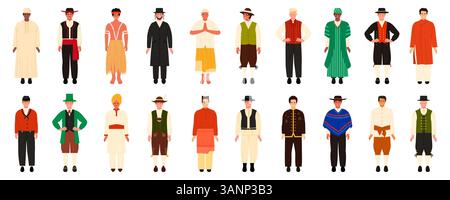 Volksmann in ethnischen traditionellen anderen Kleidern. Menschen tragen Geschichte Kostüme von Ägypten Serbien Brasilien Polen Thailand Dänemark Spanien China Finnland Irland Indien Karikaturvektor Illustration Stock Vektor