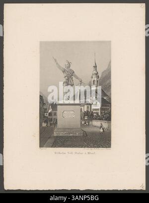 Druck der Wilhelm Tell-Statue in Altorf, entstanden zwischen 1860 und 1870. Aquatint und Ätzung zeigen die Statue des Schweizer Helden Wilhelm Tell in Altorf, Kanton URI, Schweiz. Stockfoto