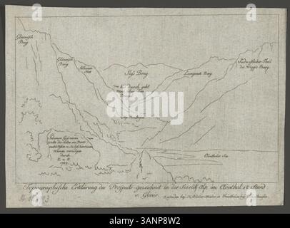 Ätzdruck von Johann Heinrich Bleuler aus der Zeit um 1789, der eine topographische Erklärung der Seerüti-Alp im Clönthal bei Glaris zeigt. Dieser Druck ist Teil einer Reihe von topographischen Werken der Schweiz. Stockfoto