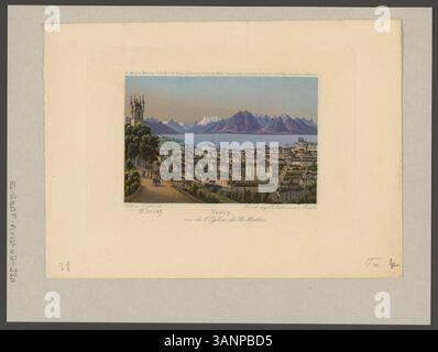Dieser Aquarelldruck von Vevey aus der Kirche St. Martin zeigt mehrere Schweizer Alpengipfel wie Velan und Dent du Midi. Es wurde ursprünglich von Johann Rudolf Dikenmann in Zürich veröffentlicht. Der Druck ist mit Gouache- und Aquarelldetails verziert. Stockfoto