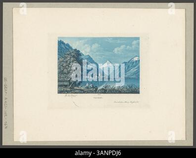 Ein um 1840 erschienener Aquatint-Druck von Fluelen, herausgegeben von Heinrich Füessli & Co. Zürich, die die Schweizer Landschaft im Detail darstellt. Stockfoto