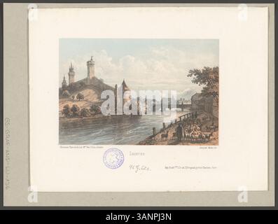 Lithografie aus dem 19. Jahrhundert mit Darstellung von Luzern, erstellt von Isidore Laurent Deroy und Lithografie von Théodore Muller. Das Stück bietet einen detaillierten Blick auf das Stadtbild und die Wahrzeichen Luzerns. Stockfoto