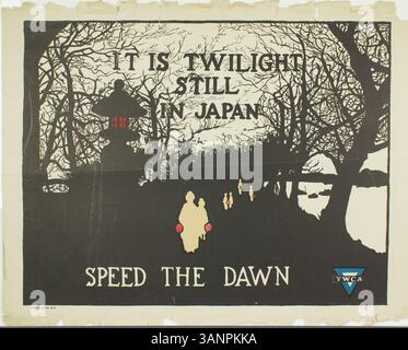 Poster mit dem Titel „IT is Twilight still in Japan; Speed the Dawn“, entstanden zwischen 1917 und 1918. Das Poster spiegelt die Atmosphäre des Japan nach dem Ersten Weltkrieg wider und symbolisiert Hoffnung und Wandel. Stockfoto