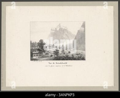 Lithographie von Rudolf Huber aus dem 19. Jahrhundert mit Darstellung von Grindelwald und Wetterhorngletscher. Dieser Landschaftsdruck fängt die Schönheit der Schweizer Alpen ein und zeigt die majestätische Gletscher- und Berglandschaft in Bern. Stockfoto