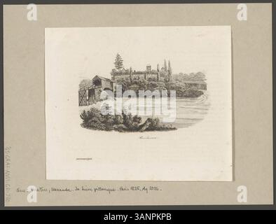 Diese Gravur aus dem Jahr 1835 mit dem Titel „Reichenau“, herausgegeben von Locher aus Zürich, ist Teil von Alexandre Martins „La Suisse pittoresque et ses environs“. Das Werk zeigt die malerische Landschaft von Reichenau und Umgebung in der Schweiz. Stockfoto