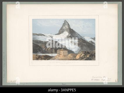 Lithografie des Mont Cervin vom Ryffel Hotel in Zermatt aus, die das umliegende Tal zeigt. Produziert von Théo Muller und veröffentlicht von Briquet et Fils, Genf. Stockfoto