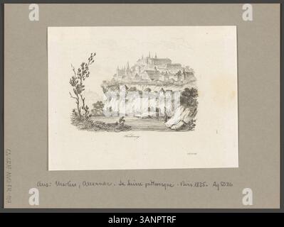 Radierdruck aus dem Jahr 1835, der Fribourg in der Schweiz und die umliegende malerische Landschaft im Rahmen der „La Suisse pittoresque“-Serie zeigt. Stockfoto