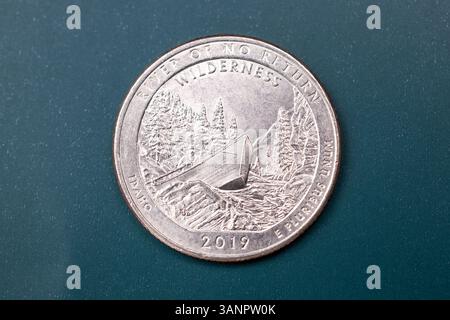 25 Cent amerikanische Münze Silberfarbe verwendet in den vereinigten staaten Stockfoto