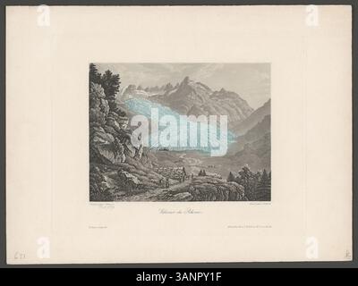 Dieser Aquatintdruck von ca. 1840–1850 von Georg Straub und Lukas Weber zeigt den Gletscher du Rhone in der Schweiz. Der Druck wurde ursprünglich in Zürich von H. F. Leuthold veröffentlicht. Es ist Teil einer Sammlung, die die Schweizer Landschaft zeigt und einen Einblick in die Schweizer Landschaften des 19. Jahrhunderts bietet. Stockfoto