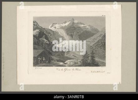 Dieser Aquatintdruck von David Alois Schmid und Rudolf Bodmer aus der Zeit um 1833 zeigt den Gletscher du Rhone in der Schweiz. Der Druck wurde von Heinrich Füessli in Zürich veröffentlicht und ist Teil einer Serie mit Schweizer Landschaften. Es bietet eine detaillierte Darstellung des ikonischen Schweizer Gletschers. Stockfoto