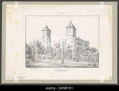 Diese Lithografie von Johann Friedrich Wagner, die Gottlieben in Thurgau darstellt, beleuchtet die historische Architektur und die landschaftliche Schönheit der Gegend. Der Druck ist Teil von Wagners Serie über Schweizer Burgen und Ruinen. Stockfoto