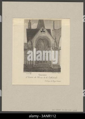 Dieser Druck zeigt eine von Daniel Wegelin geschaffene und von Jean Bryner gravierte Darstellung des Eingangs der Kathedrale von Lausanne. Veröffentlicht vom Bazar Waadtländer, bietet es einen Einblick in das architektonische Erbe der Stadt. Der Druck ist ein Aquatint und eine Ätzung auf Papier. Stockfoto