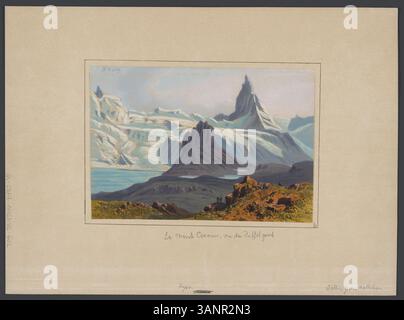 Die zwischen 1854 und 1861 von Gabriel Loppé und Eugène Cicéri gedruckte Lithografie zeigt den Mont Cervin (Matterhorn) vom Riffelgrat aus gesehen und zeigt die Pracht der Schweizer Alpen. Der Druck enthält verschiedene Beschriftungen und Markierungen, die der Berglandschaft einen Kontext verleihen. Stockfoto