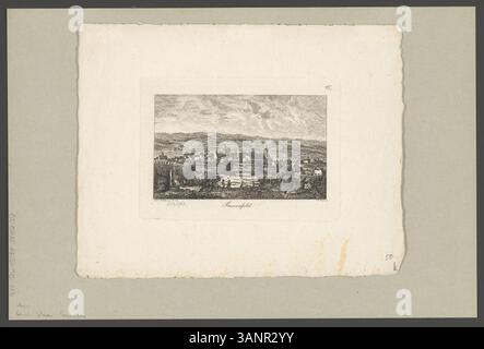 Diese Gravur von Karl Eichler und Johann Heinrich Meyer zeigt einen Blick auf Frauenfeld, eine Schweizer Stadt. Der Druck ist Teil einer Serie, die bemerkenswerte Schweizer Schauplätze zeigt und einen detaillierten Blick auf die Stadt und ihre Umgebung bietet. Stockfoto