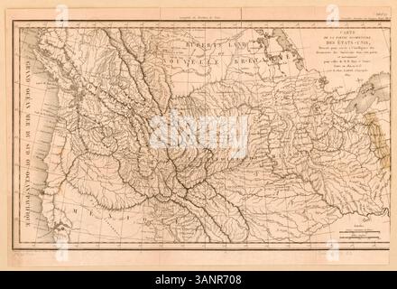 Diese Karte von Pierre Lapie aus dem Jahr 1821 zeigt den westlichen Teil der Vereinigten Staaten und zeigt amerikanische Entdeckungen, insbesondere die von Hunt und Stuart zwischen 1811 und 1813. Es ist ein wertvoller historischer Nachweis der frühen amerikanischen Entdeckungen. Stockfoto