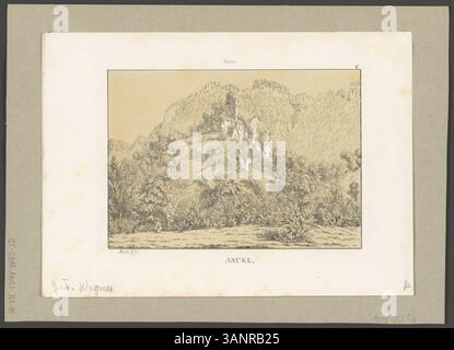 Eine Lithografie von Johann Friedrich Wagner, die Asuel, ein Dorf im Schweizer Juraraum, darstellt und zwischen 1840 und 1844 entstand. Es ist Teil der Serie „Ansichten von Schlössern, Schlössern und Ruinen der Schweiz“, die die natürliche Schönheit und das architektonische Erbe der Region zeigt. Stockfoto
