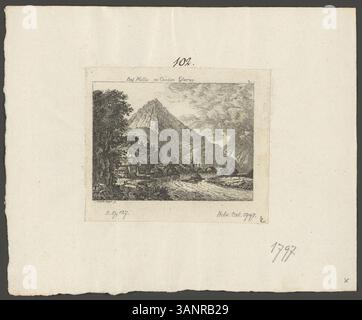 Diese Gravur von Johann Heinrich Meyer zeigt das Dorf Mollis im Kanton Glarus. Sie entstand 1797 und war für dieses Jahr Teil der Helvetischer Almanach. Stockfoto
