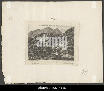 Diese Gravur von Johann Heinrich Meyer zeigt den Diessbach im großen Tal des Kantons Glarus in der Schweiz. Sie entstand um 1796 und war für dieses Jahr Teil der Helvetischer Almanach. Stockfoto