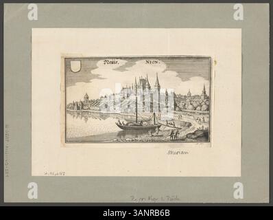 Eine Radierung von Matthaeus Merian, die die Städte Neuis und Nion darstellt. Es ist Teil der Serie Topographia Helvetiae, Rhaetiae et Valesiae, gedruckt auf Papier. Stockfoto