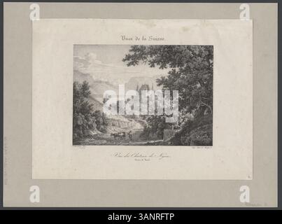 Lithografie von Constant Bourgeois, graviert von Francois-Séraphin Delpech, zeigt das Château de Nyon im Kanton Waadt, ein prominentes Schweizer Wahrzeichen des 19. Jahrhunderts. Stockfoto