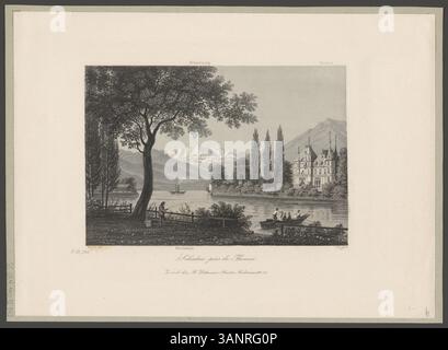 Dieser Druck zeigt einen Blick auf die Schadau bei Thun, mit der Blüemlisalp und den Niesen im Hintergrund. Von Daniel Wegelin (Maler) und Johannes Ruff (Kupferstecher) zwischen 1852 und 1856 geschaffen, verwendet es Aquatintentechniken. Stockfoto
