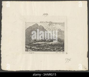 Diese Gravur von Johann Heinrich Meyer zeigt das um 1795 entstandene Dorf Lintthal im Kanton Glarus. Der Abdruck war für dieses Jahr Teil der Helvetischer Almanach. Stockfoto